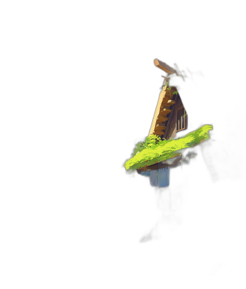 pixel art of an AFrame house on top of a head, floating in midair, against a black background, with a yellow and green color palette, in the video game style, 8bit pixel art