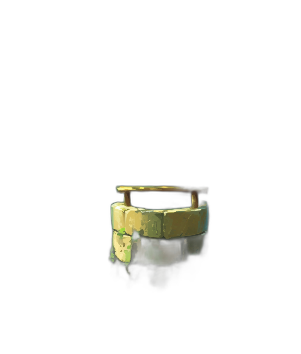 A small gold ring made of yellowish green bricks, floating in the air on a black background, a digital painting in the style of a casual hidden object game.