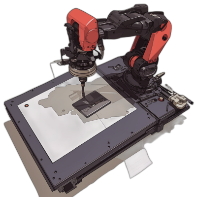 a digital drawing of an industrial cnc machine that is printing out white paper with red and black drawings on it, the paper has a rectangular shape drawn in dark gray pencil on it, the entire scene should be against a solid pure Black background, the art style used for the illustration should look like anime or cartoon style, do not include any shadows under the robot arm while doing its work, do not make any text appear on screen, the whole setup looks like a small square table top with all other elements being inside it