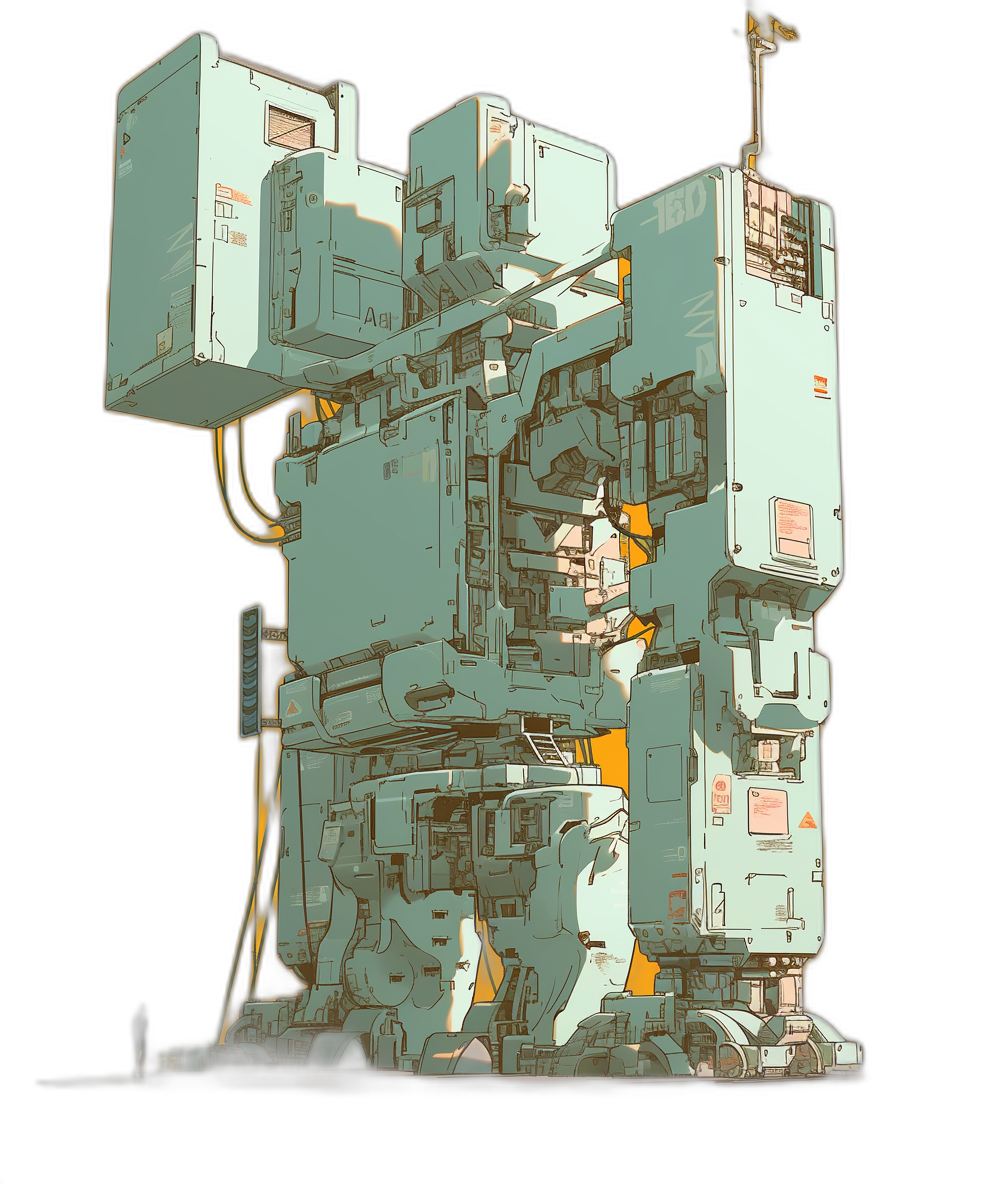 isometric tall mecha structure made of rectangular boxes with wires connecting between them, clean lines, clean design, white and teal color palette, black background, vector art style, thick outlines, high contrast shading, hard shadows, flat colors, thick bold strokes, in the style of vector art.