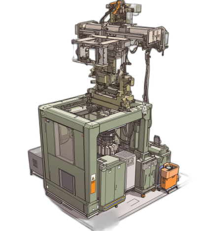 a cartoon style isometric view of an industrial, large machine that works on plastic parts in the form of layup", dark background, 3d render, vector art illustration, lineart, vector graphic, isokunin style, 2D game asset, anime, animecore, flat shading, black and green color scheme, orange accent,