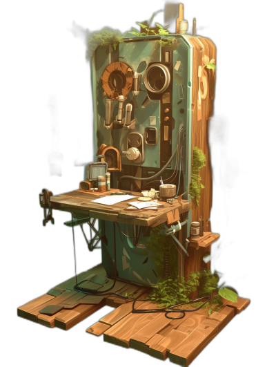 3D stylized game art, a wooden workbench with tools and a digital interface on it, with a small amount of plants growing out from under the desk. Tech gears and wires hanging off, a digital screen in the style of techno-organic style.