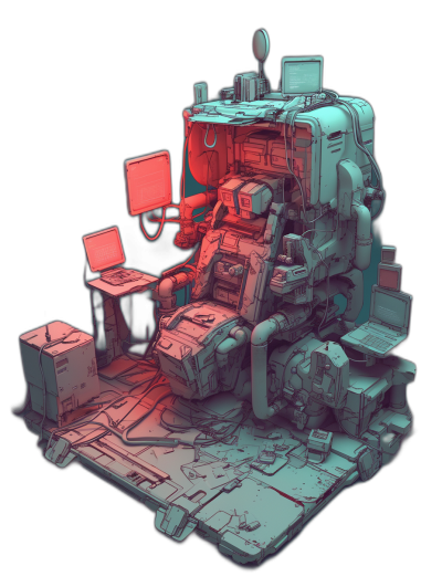 A cyberpunk style small space with a computer, desk and chair made of mechanical materials. It is a lowpoly illustration in the style of vector art. The color palette includes blue and green tones with red highlights. On a black background. Many details are added to make it look more realistic.