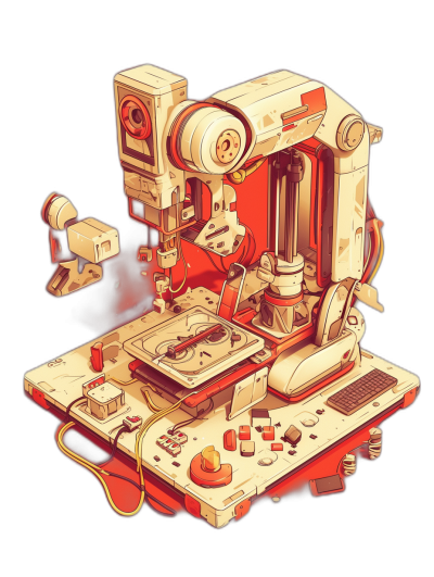 A detailed illustration of an isometric machine in a stylized retro video game style with a touch of pixel art and cyberpunk elements. The scene includes the main body of the mechanical device, a central core or engine, surrounded by various components like tools and gears. This highlights its use as both part of everyday workwear but also for working on small parts in an artistic setting. A plain black background enhances the contrast between warm reds and yellows of the equipment against dark tones.