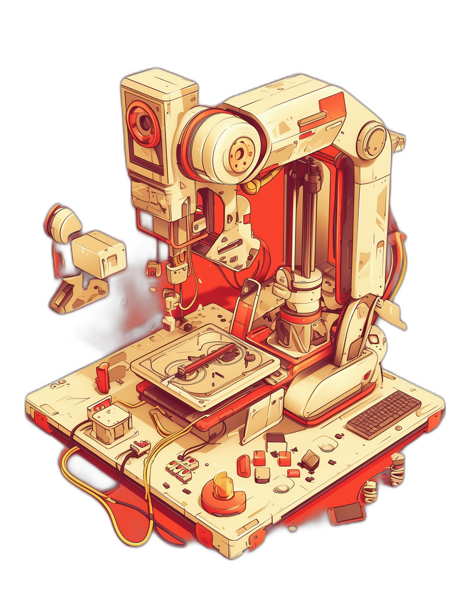 A detailed illustration of an isometric machine in a stylized retro video game style with a touch of pixel art and cyberpunk elements. The scene includes the main body of the mechanical device, a central core or engine, surrounded by various components like tools and gears. This highlights its use as both part of everyday workwear but also for working on small parts in an artistic setting. A plain black background enhances the contrast between warm reds and yellows of the equipment against dark tones.