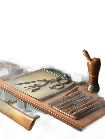 An ultrarealistic digital art depiction of an antique leather trimmer, traditional scissors and tools neatly arranged on the desk of crafters who create luxury items from natural materials, set against a dark background to highlight their craftsmanship.