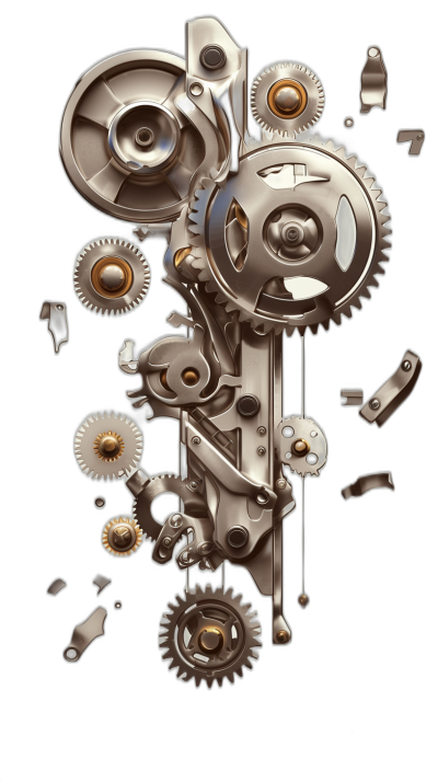 A mechanical gear and cogs machine in the style of hyperrealistic still life photography, detailed illustration, and industrial machinery aesthetics on a black background with a silver color scheme. The image features vector graphics and 3D renders of small floating pieces around the machinery.