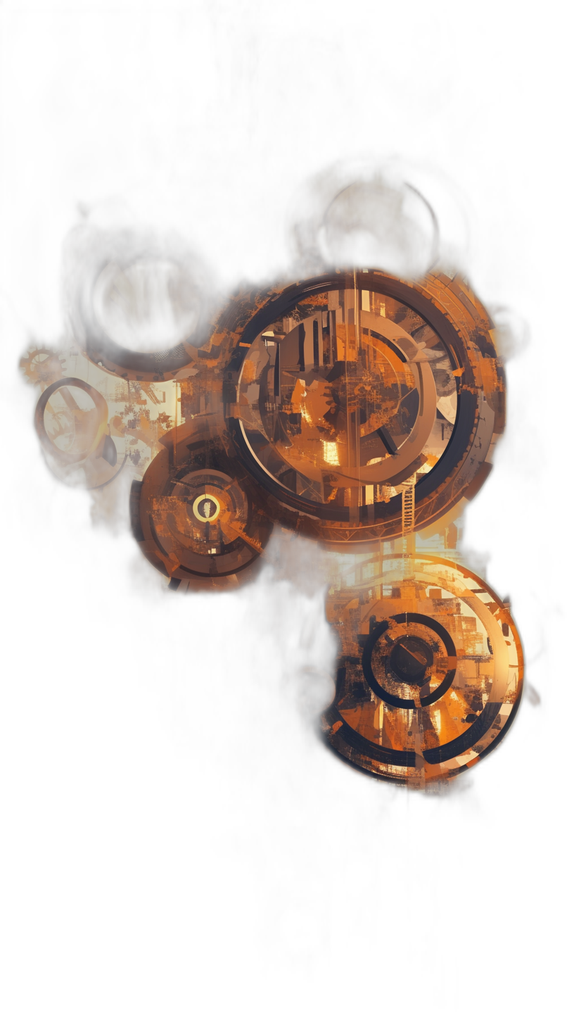 A floating abstract steampunk mechanical structure with gears, cogs and dials in an amber color on a black background. In the style of digital art.