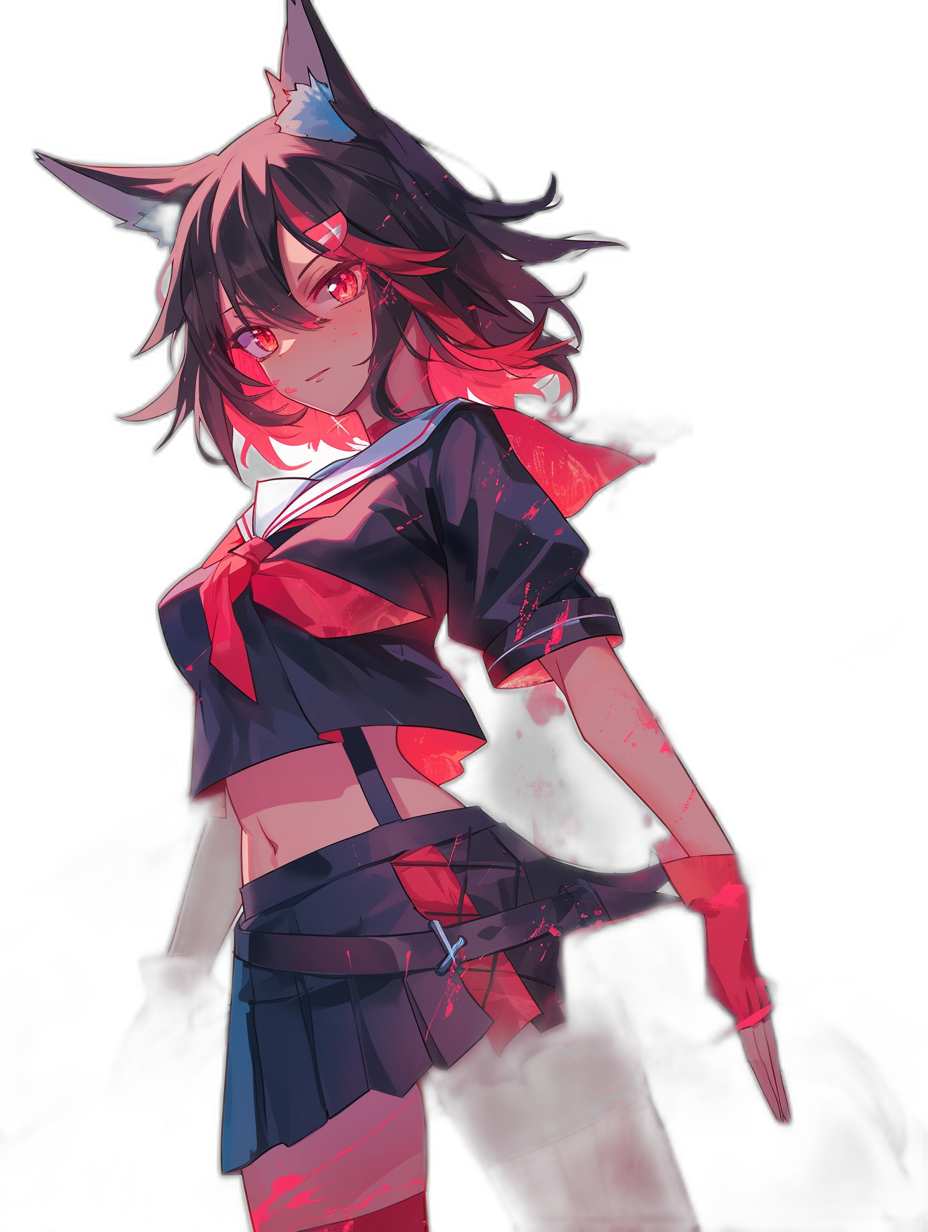 Nandere, cat ears on the head of an anime girl in a school uniform with red and blue stripes, full body, dark background, dark hair, fangs, red eyes, hands up, character design for a fantasy game, in the style of anime, dark skin color, full length portrait, 2D art