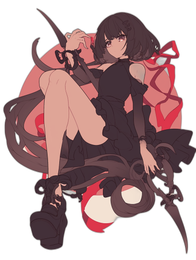 Anime girl with black hair and short dress, holding a scythe in hand, sitting on top of the dragon's head, legs crossed over each other, red bow around her neck, vector art in the style of Kienan Lafferty, anime style, full body portrait, black background, black shoes, high quality, detailed skin texture, detailed , dark pink and white color scheme, dark atmosphere, game character design, 2d game art.