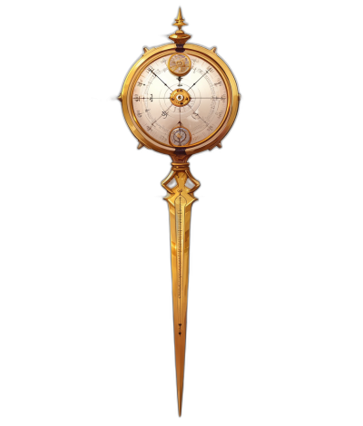 A golden baroque clock-shaped wand with the time on it, digital painting in the style of dungeons and dragons art, black background