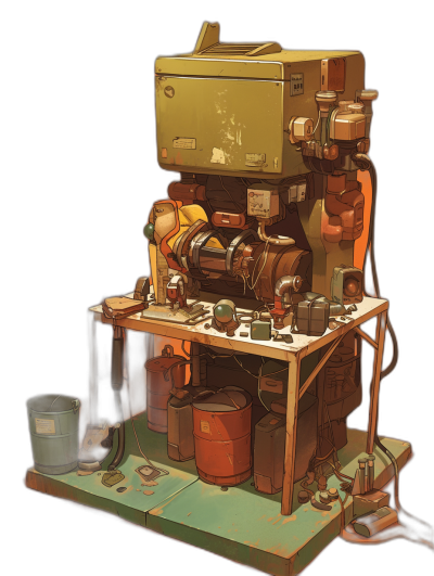 A small table with various tools and equipment, a large mechanical device on top of the workbench that is made from worn out materials, in an illustration style in the style of [Atey Ghailan](https://goo.gl/search?artist%20Atey%20Ghailan) and [Moebius](https://goo.gl/search?artist%20Moebius), on a black background, digital art.