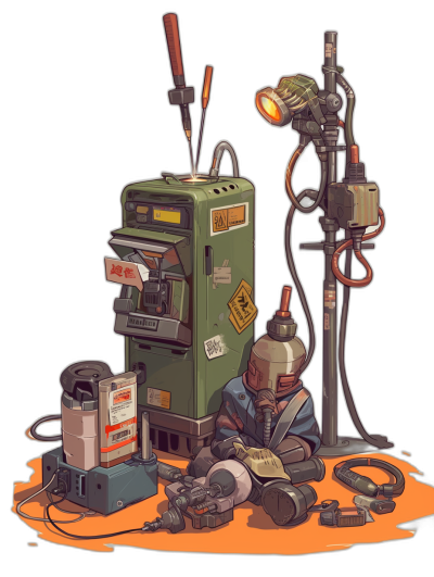 A vector art of an airbrush machine next to some old equipment. In the background is Boba Fett sitting on the ground with his head tilted back and eyes closed, he has one hand resting over his chest while holding a large light bulb. There are also various other tools scattered around him, in the style of a cartoon with a dark orange color palette against a solid black isolated background.