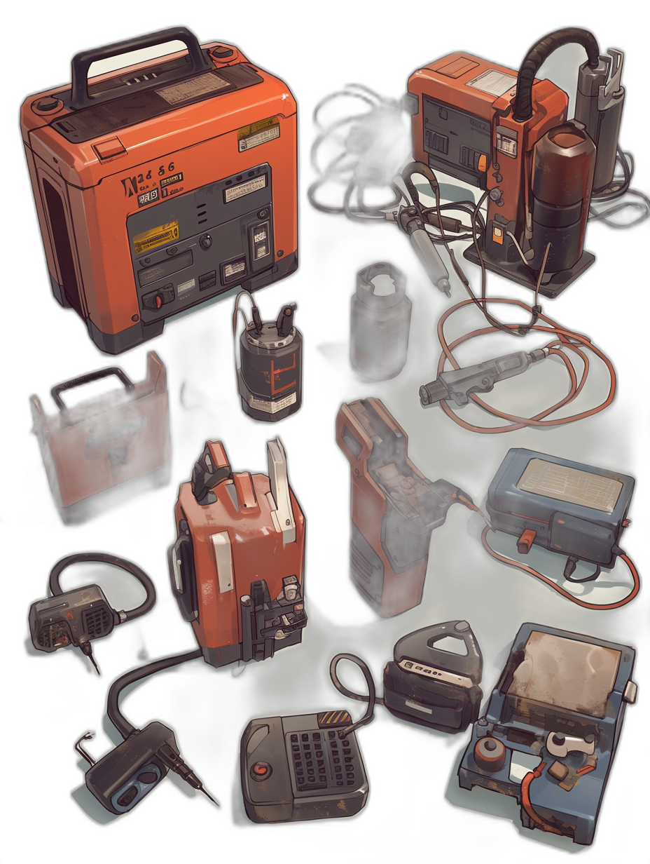 A set of game prop concept art, various hand-held devices and equipment used in World War to create a radio effect, black background, digital painting in the style of a painterly style, stylized.