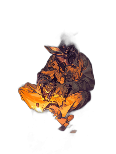 A digital illustration of an old worker in the style of [Atey Ghailan](https://goo.gl/search?artist%20Atey%20Ghailan) and [Moebius](https://goo.gl/search?artist%20Moebius), sitting on his knees with a welding helmet over his head while he is welding something in front of him, wearing orange  against a dark background, a full body portrait with cinematic lighting, hyper detailed in a comic book art style, using vector design with flat colors and flat color shadows, featuring high contrast shading, with an atmosphere of horror.
