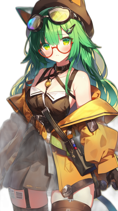 Genshin Impact character with green hair and glasses wearing an open jacket, hat on head, against a black background, full body portrait, holding a weapon in hand, long skirt, cute face, green eyes, smiling expression, in the style of anime, colorful , long legs, yellow short sleeves, chest area shown, dark color scheme, black bottom portion, smile, steampunk elements.