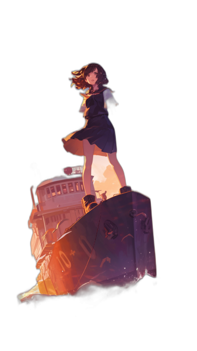 An anime-style illustration of an attractive girl standing on top of an old ship against an isolated black background. The image uses flat colors and a simple design with a vector art style. Warm lighting is used with a side view perspective and low angle camera angle showing her full body. High contrast shadows and a vibrant color palette create vivid and bright colors with sharp focus and high resolution details. The illustration is in the style of flat, colorful anime artwork.