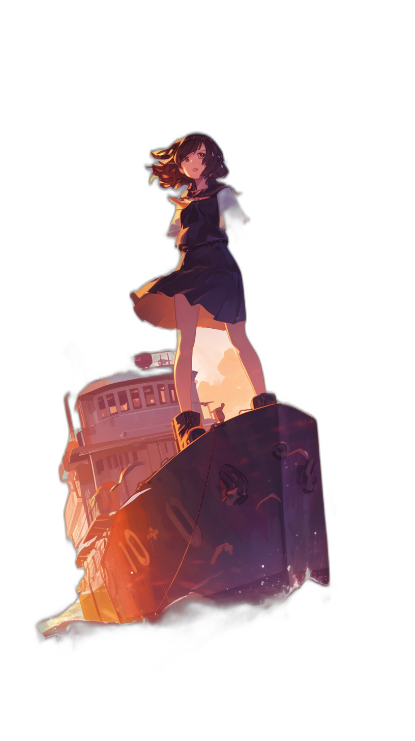 An anime-style illustration of an attractive girl standing on top of an old ship against an isolated black background. The image uses flat colors and a simple design with a vector art style. Warm lighting is used with a side view perspective and low angle camera angle showing her full body. High contrast shadows and a vibrant color palette create vivid and bright colors with sharp focus and high resolution details. The illustration is in the style of flat, colorful anime artwork.