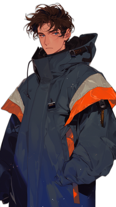 a cute anime man with short brown hair and blue eyes, wearing an oversized dark gray winter jacket with orange accents on the sleeves and hoodes, anime style, black background, digital art