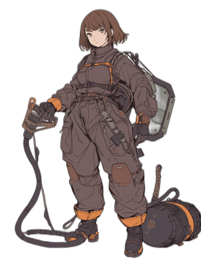 A full-body concept art of an anime girl in a space suit with brown hair and a short bob style, holding a fire extinguisher and with boots on her feet, on a black background, with a full view of the character from head to toe in a full front shot, with orange details, in the style of anime, as an anime illustration, with a dark grey uniform color and white line work.