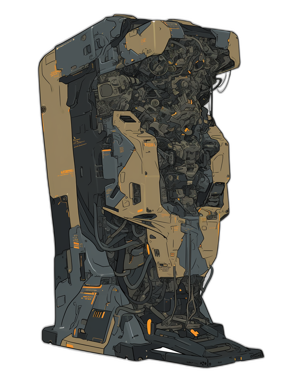 Side view of a giant mech, a sci-fi game character design in the style of the Metal Gear Solid series, with dark gray and gold colors, vector art lineart with color, and high contrast.