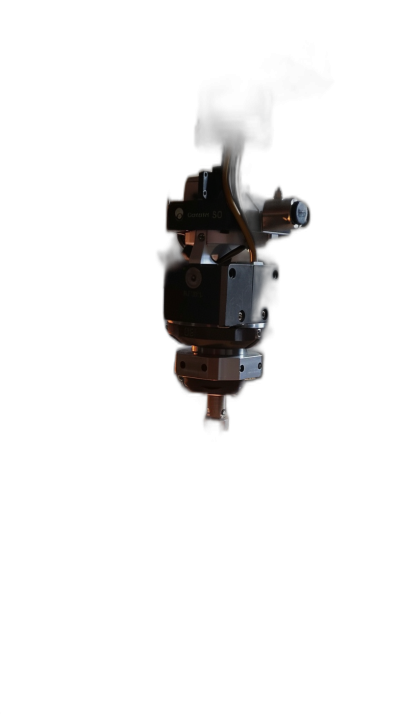 a small camera mounted on the end of an robotic arm, floating in space, dark background, illuminated by bright white light from behind and to its right, isolated, macro photography, overhead view