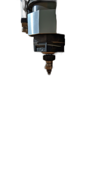 A CNC machine head floating in the air, against a black background, with the camera angle from below looking up at it, in a hyper realistic style, with studio lighting, in a cinematic style.