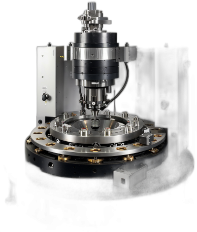 A highly detailed and realistic photograph of an advanced machine tool, featuring high precision with intricate details in the machinery's components. The background is dark to highlight its features. Use soft lighting to enhance textures and shadows for depth. A round table top adds visual interest. High resolution for crisp imagery. Highlight technical elements like the instrument on which it works or additional equipment around it. This scene captures the essence of modern industry and technology in the style of technical photography.