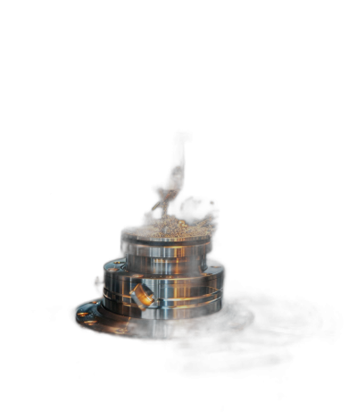 A hightech machine, made of stainless steel and glass, is in the center of an allblack background. The silver spout on top emits golden light as it sprinkles coffee beans into two stacked circular metal drums with visible copper wires inside. A beam shines from above to illuminate them. There's a hint of smoke or dust floating around the scene. This highdefinition photo captures every detail with precision. It feels futuristic yet simple.