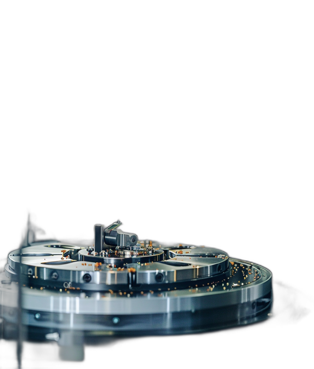 a watch movement on the glass table, closeup shot, pure black background, studio lighting, hyper realistic photography