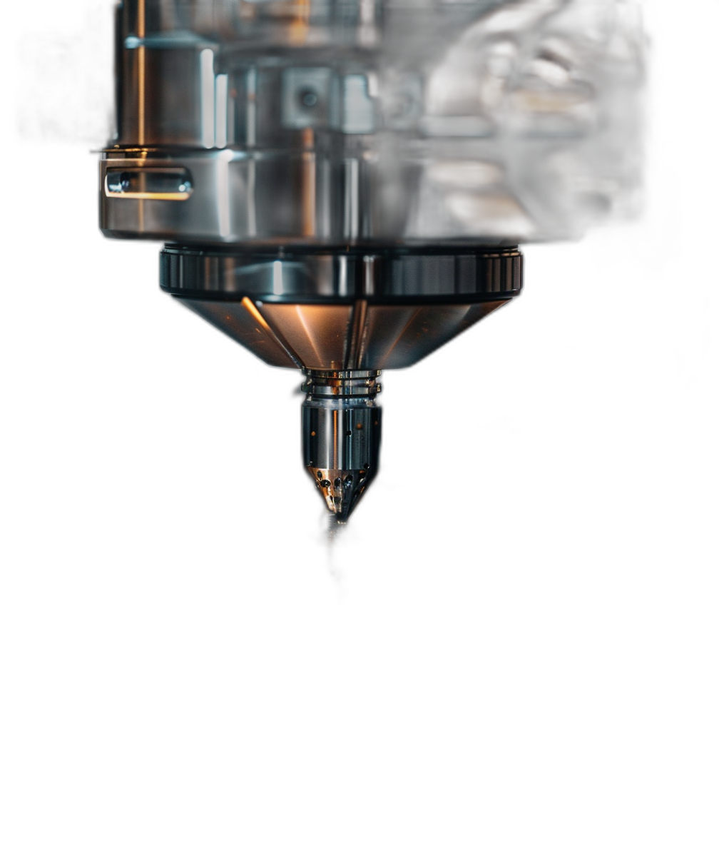 A close up of the laser engraver, a small metal conical funnel with light coming out is attached to it, on a black background with dark, moody lighting in the style of product photography.