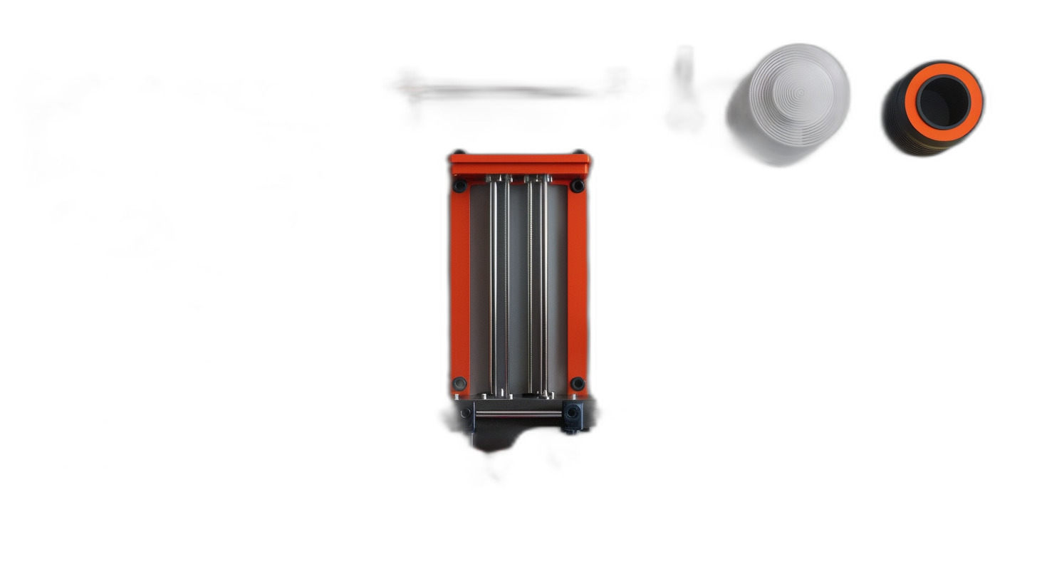 a top down view of an orange and silver vertical light tube on black background, centered, product photography, clean