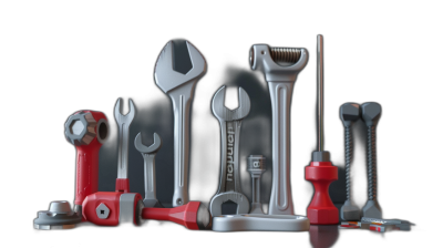 3D rendering of various tools in a red and grey color palette on a black background in a low angle shot at high resolution in the style of hyper realistic.