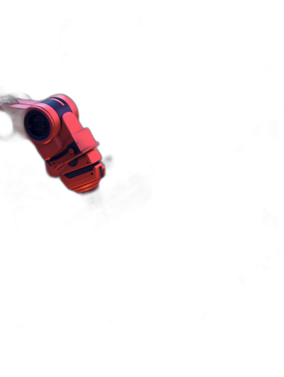 A red toy gun is held in the air, pointing towards you on a black background with a dark atmosphere in a closeup, high angle view with low light in the style of a hyperrealistic style. The photo was taken with a Canon EOS R5 F2 ISO30 w8 Stm.