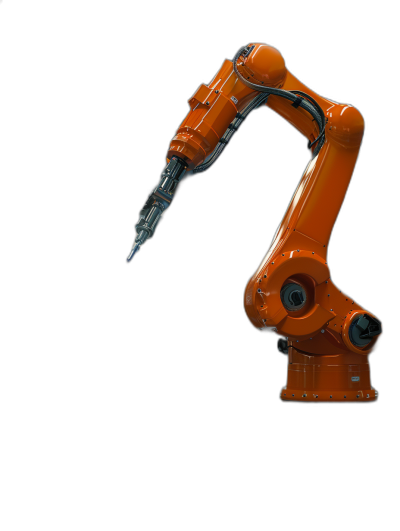 Photo of an orange robot arm on a black background, shown from the side, holding a large drill head. The robotic hand has a circular head that could hold welding or engraving tools. The high resolution photography shows insanely detailed and intricate details of the subject. Professional color grading enhances the overall visual appeal. The subject is isolated on a white background.