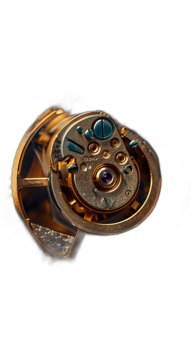 An open watch, with the back of its case showing an intricate mechanical structure and visible gears, is placed on a black background. The lens uses macro photography to highlight details such as gold or silver texture and bluegreen gemstones in color. It creates a mysterious atmosphere through soft side lighting. This scene has high resolution and high definition, presenting it in a vertical format. Elegant. Gold tones add luxury. The style is reminiscent of intricate macro photography in the style of luxury product photography.