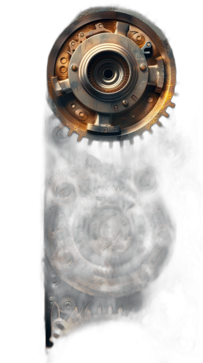 a dark black background with a gear wheel and some gears, digital art style, steampunk, top down view, ultra realistic, industrial theme, yellow gold color scheme, on the right side of an empty keyhole door is a large clockwork machine with cogs and mechanical parts, slightly tilted to left side of frame, zoomed out, high resolution