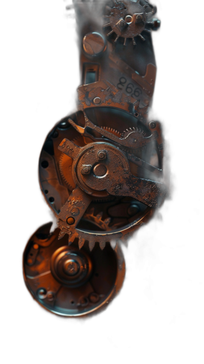 a macro shot of rusted steampunk clockwork, on black background, octane render, high resolution photography, insanely detailed, fine details, isolated object, stock photo