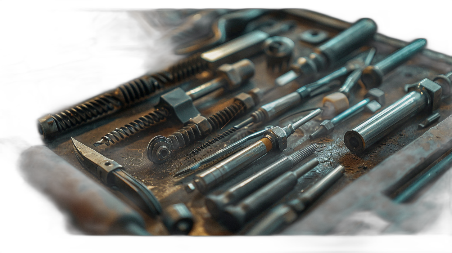 A closeup of various tools and bolts on an old workbench, highlighting the intricacy in detail. The focus is on the texture of each tool with visible reflections under soft lighting. In cinematic style, dark background, high resolution, cinematic, natural light, sharp details, cinematic colors, hyper realistic