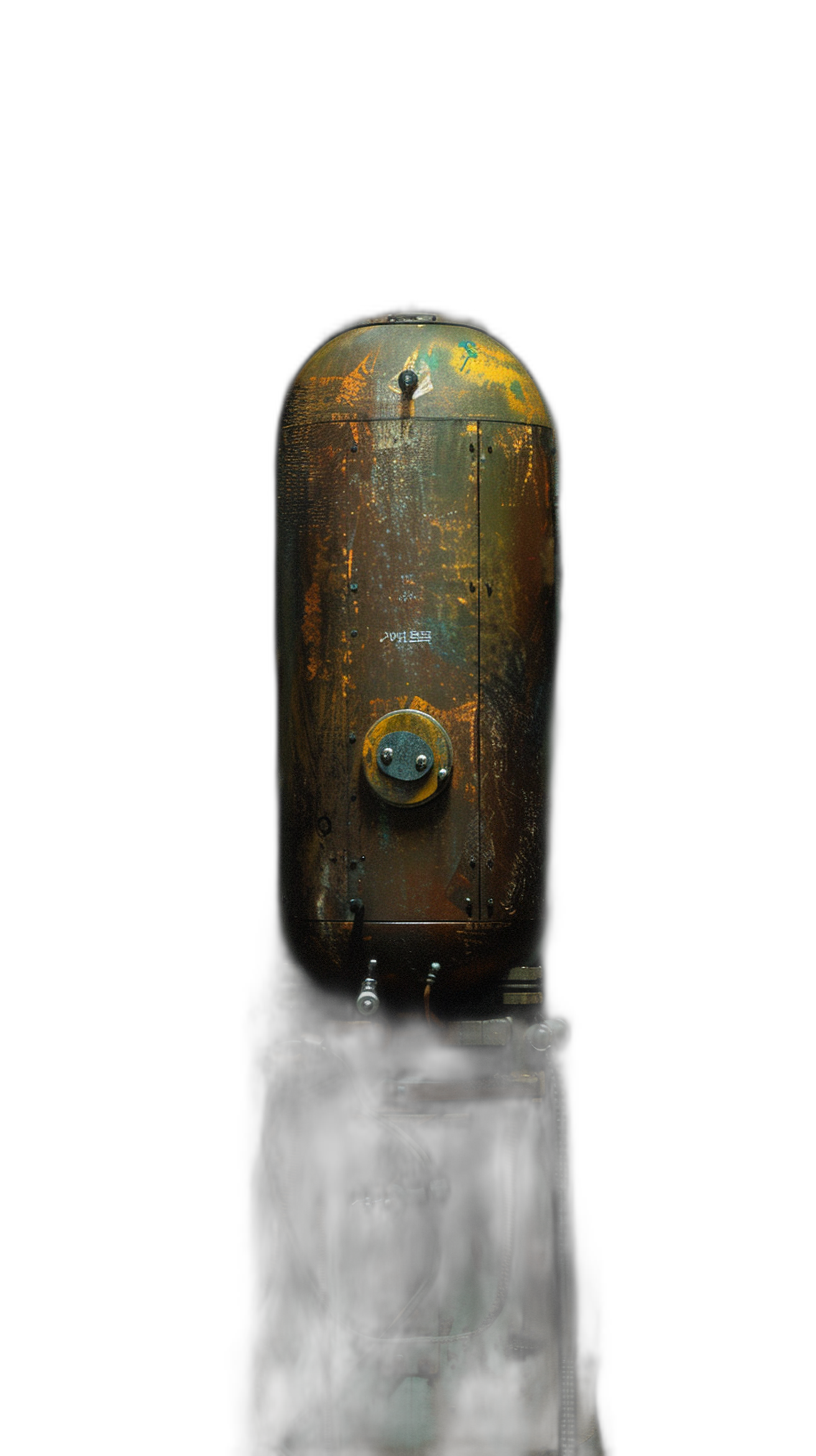 A rusty, oldfashioned water tank with an electric motor on top of it. The dark background accentuates the texture and colors of metal, creating a mysterious atmosphere.