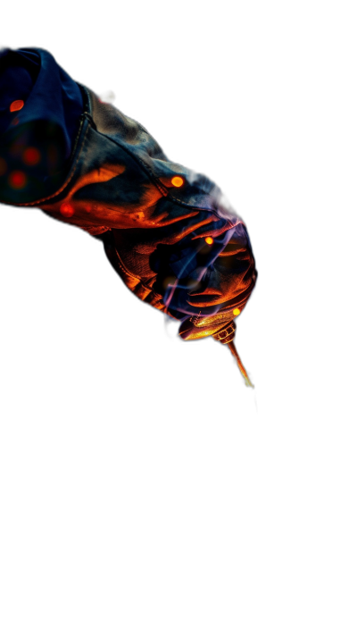 A photo of an airbrushed black background with a close up view of the hand holding out the cigarette. The smoke is in motion and looks like it's made from liquid metal. The flame has red, orange, and yellow blue flames with glowing colors in the style of a cinematic, hyper realistic, high resolution style.