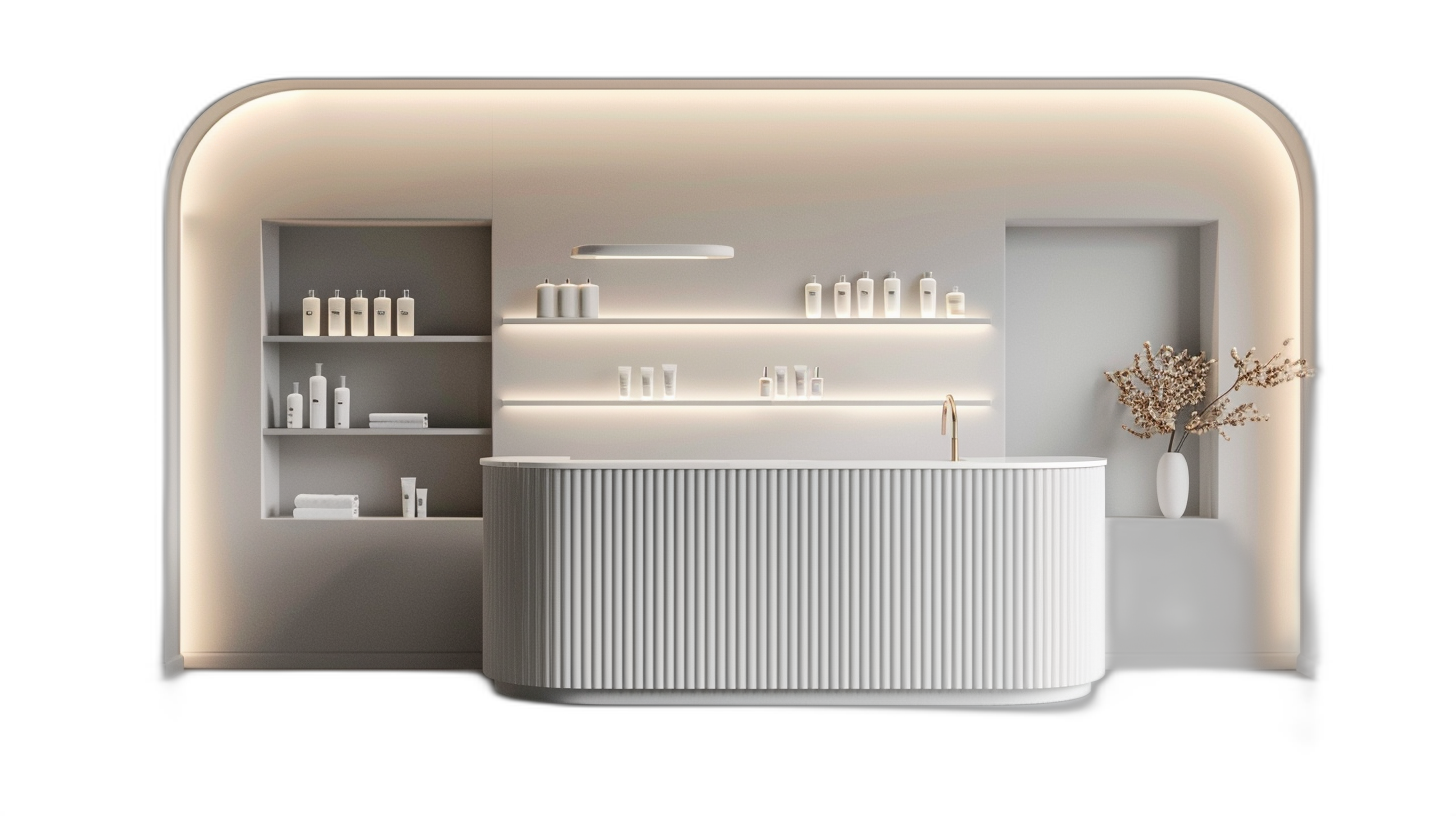 White minimalist beauty salon counter, with shelves on the wall behind it for product display and an open shelf above to store products. The front of the bar is rounded in shape, creating a strong sense of design and texture. Black background, product renderings, 3D rendering, high-definition images, and high-quality images in the style of various artists.