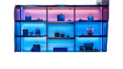 A display case with illuminated shelves containing handbags and accessories, illuminated by blue light in the dark room. The background is black. There's an empty space above for text. In front of it there should be some neon lighting on one side of the shelf. This could represent luxury brand promotional materials or product displays in the style of neon lighting.