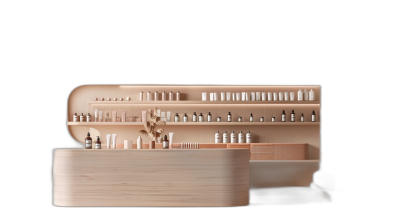 minimalist wood counter with shelf for skin care products and long display case, in front of a black background, warm light from the right side, in the style of [Constance Guisset](https://goo.gl/search?artist%20Constance%20Guisset) and Ken Fulk, photography