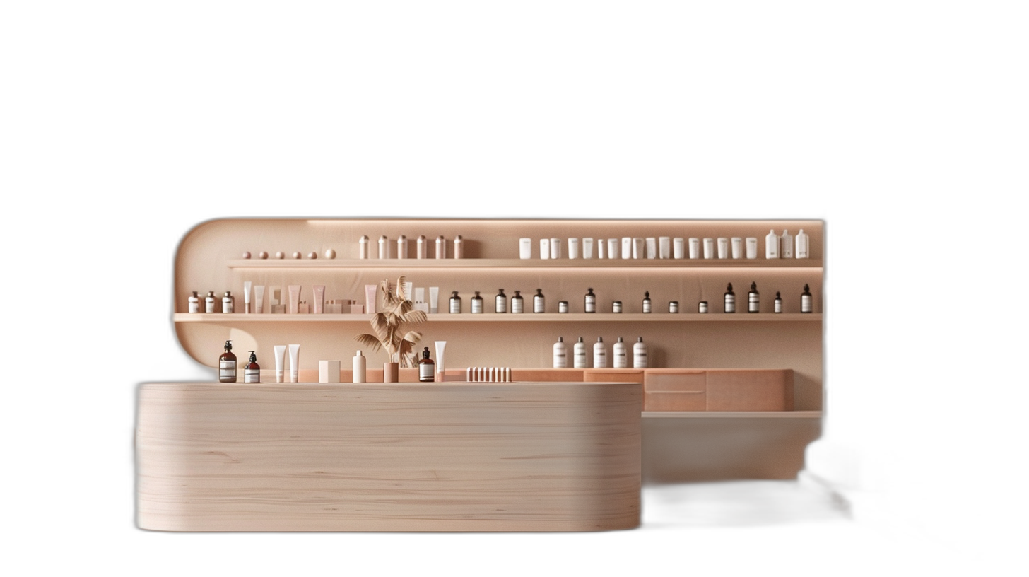 minimalist wood counter with shelf for skin care products and long display case, in front of a black background, warm light from the right side, in the style of [Constance Guisset](https://goo.gl/search?artist%20Constance%20Guisset) and Ken Fulk, photography