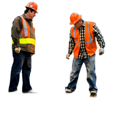 photo realistic, two construction workers walking side by side one is wearing an orange vest and hard hat the other man has jeans with a flannel shirt, isolated black background. In the style of [Banksy](https://goo.gl/search?artist%20Banksy).