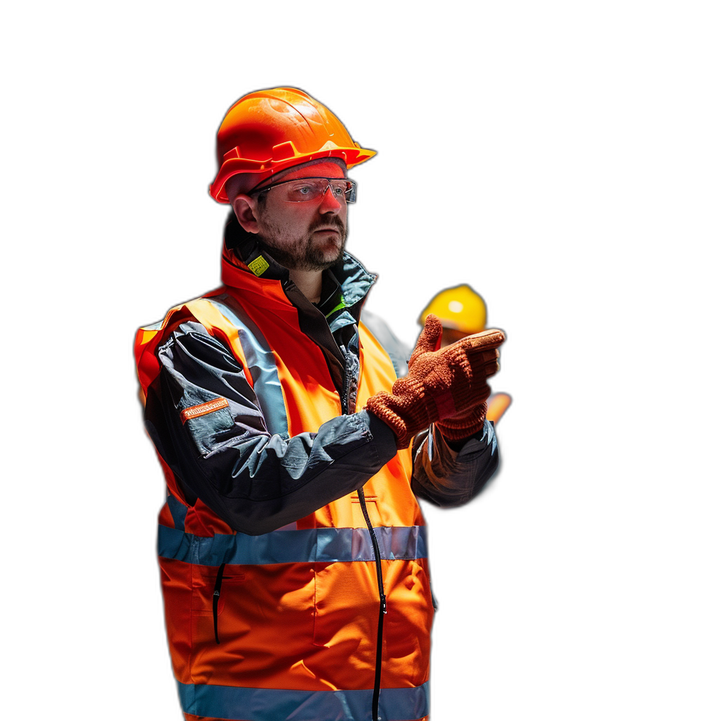 A construction worker wearing an orange safety vest and helmet is pointing at something in the distance, isolated on a black background, in the portrait photography style, with high resolution, very detailed, high contrast, photorealistic style, taken with a Canon EOS R5 camera using natural light.