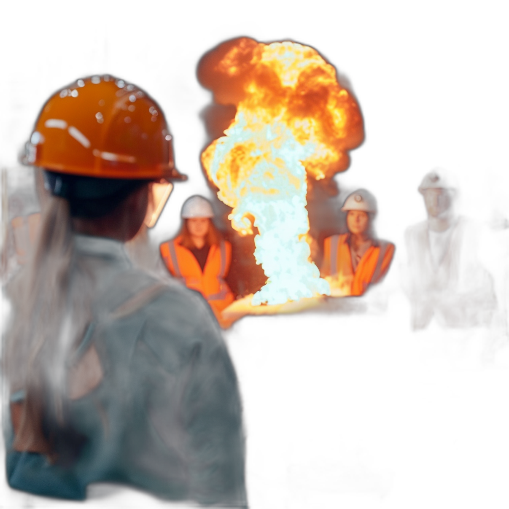 Over the shoulder shot of an engineer watching three women in orange safety vests and white hard hats, with fire spewing from their heads against a black background, rendered in a photorealistic, hyperrealistic style with blurred depth of field at f/20.