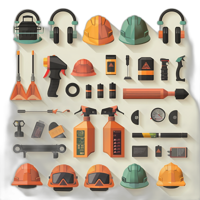 A flat design illustration of safety equipment for construction workers, including hard hats and ear protection, with colorful icons representing fire extinguishers, triangle masks, sprays, lights, and more. The background is a gradient from light to dark gray, creating an atmosphere that reflects the shadows in which these tools often find themselves. A soft shadow effect adds depth while maintaining simplicity. in the style of [John Holcroft](https://goo.gl/search?artist%20John%20Holcroft) + gently palette pastel color tones inspired illustrations. Vector art simple minimalistic with no repeated words or Chinese characters.