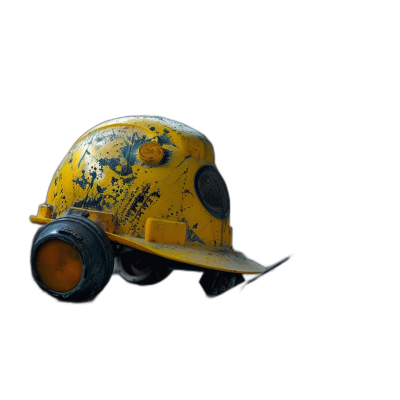 photo of yellow helmet for working in dirty places, on a black background, from the side view, with cinematic lighting, in the hyper realistic style.